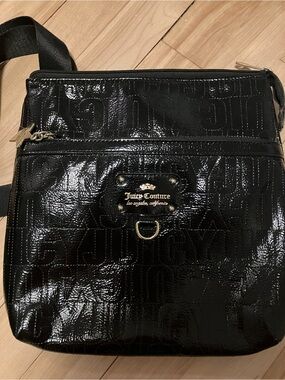 Juicy Couture Faux Leather Black Patent Logo Crossbody with Gold Accents